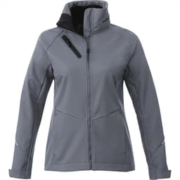 A women's grey Peyto softshell jacket featuring a zippered front and high collar, with a logo on the chest.