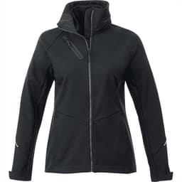 A black women's softshell jacket with a high collar, zippered front, and an angled zip pocket.
