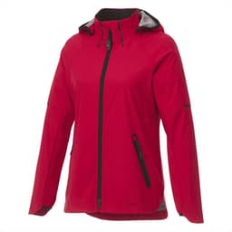 A red women's softshell jacket featuring a zip front, hood, and pockets, with a logo on one sleeve.