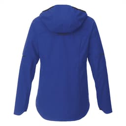 A women's softshell jacket in vibrant blue, featuring a hood and a logo on the back.