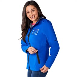 A blue women's softshell jacket with a zip and a logo, featuring a fitted design and side pockets.
