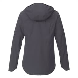A women's softshell jacket in dark grey with a hood and sleek design, featuring a logo on the back.