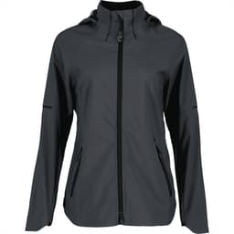 A women's Oracle softshell jacket in black with a front zip and side pockets, featuring a hood and branding.
