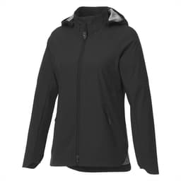 A women's softshell jacket in black, featuring a hood and zippered pockets. Includes a logo on the front.