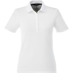 A white women's polo shirt featuring a collar and a button-down placket, with a logo present.