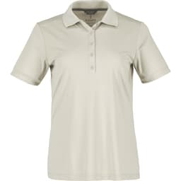 A light beige women's polo shirt with a collar, short sleeves, and a button placket, featuring a logo on the chest.