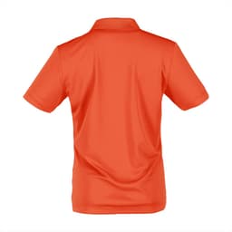 An orange women's short sleeve polo shirt with a collar and no visible logo on the back.