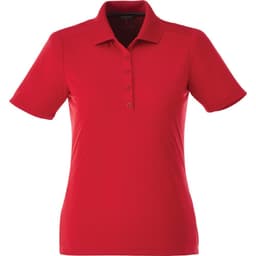 A red women's polo shirt with a classic collar and four-button placket, featuring a logo on the chest.