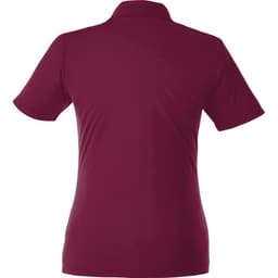 A maroon women's polo shirt with short sleeves and a collar, featuring branding on the back.