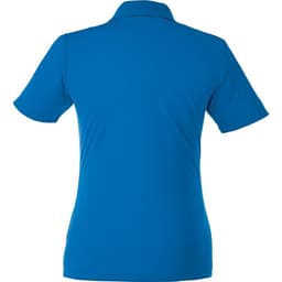 A bright blue women's short sleeve polo shirt with a collar and a logo on the back.