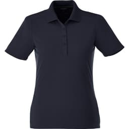 A dark navy women's short sleeve polo shirt with a collar and button placket, featuring a logo.