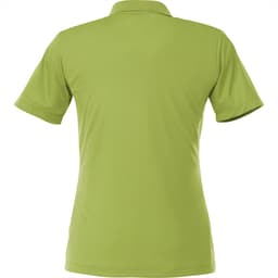 A women's short sleeve polo in a vibrant green colour, featuring a collar and a logo.
