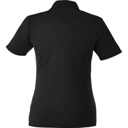 A black women's polo shirt with short sleeves and a collar, featuring a logo. The back view is shown.