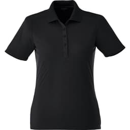 A black women's polo shirt featuring a collar and button placket, with a logo on the chest.
