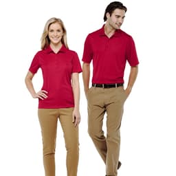 A red women's short sleeve polo shirt with a collar, showcased on a model alongside a male model in similar attire.