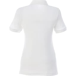 A white women's polo shirt featuring short sleeves and a classic collar, displaying a logo on the back.