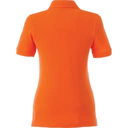 A women's short sleeve polo shirt in bright orange with a fitted design and a collar, featuring a logo.