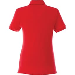 A red women's short sleeve polo shirt featuring a collar and a logo on the back.