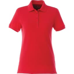 A red women's polo shirt with short sleeves and a logo on the collar.