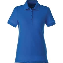 A women's short sleeve polo shirt in a vibrant blue colour with a collar and three-button placket, featuring a logo.