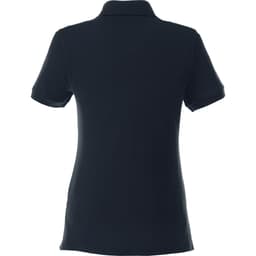 A women's short sleeve polo shirt in black, featuring a collar and a logo on the back.
