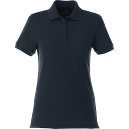 A women's short-sleeve polo shirt in dark navy, featuring a collar and button-up front, with a logo.