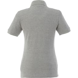 A grey women's polo shirt with short sleeves, featuring a collar and a logo on the back.