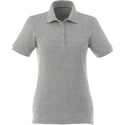 A women's short sleeve polo shirt in a light grey colour, featuring a collar and buttons. It has a logo.