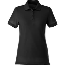 A black women's short sleeve polo shirt featuring a collar and a button placket, with a logo.