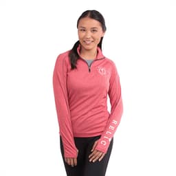 A women's red knit quarter zip jumper featuring long sleeves and a logo on the sleeve.