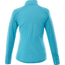 A women's quarter zip jumper in a vibrant turquoise colour, featuring a sleek, smooth design and long sleeves.