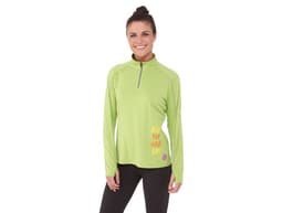 A women's quarter-zip jumper in bright green, featuring a logo and text on the side.