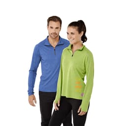 A blue long-sleeve quarter zip jumper for men and a green long-sleeve quarter zip jumper for women, each with a logo.