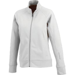 A light grey women's knit jacket with a zip, side pockets, and a collar, featuring a logo on the sleeve.