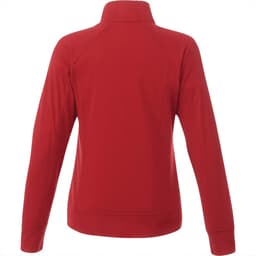 A red women's knit jacket featuring a high collar and long sleeves, with a logo on the back.