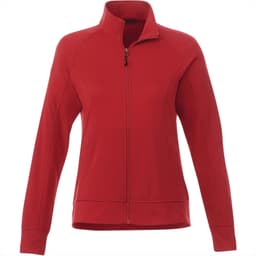 A red women's knit jacket with a high collar and full zip, featuring long sleeves and a fitted design.
