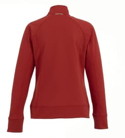 A red women's knit jacket with a high collar and long sleeves, featuring a logo on the back.
