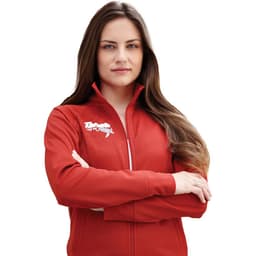 A woman wearing a red knit jacket with a zippered front and a logo on the chest.