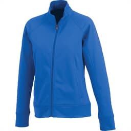 A women's jacket in bright blue, featuring a zip-up front and a collar, with branding on the fabric.