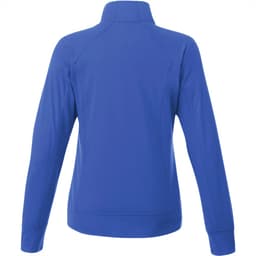 A women's knit jacket in vibrant blue, featuring a high collar and long sleeves, with a logo on the back.