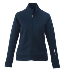 A women's knit jacket in navy blue with a zip front and a logo on the sleeve. Features long sleeves and a stand collar.