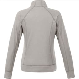 A grey women's knit jacket with a high collar and long sleeves, featuring a logo.