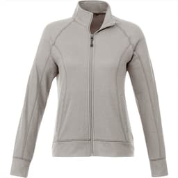 A women's knit jacket in light grey with a zip-up front and a stand-up collar. Features include long sleeves and a logo.