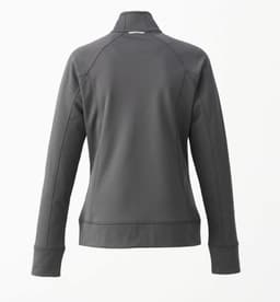 A women's knit jacket in a dark grey colour, featuring a high collar and long sleeves. It has a logo on the back.