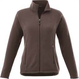 A women's polar fleece jacket in brown with a zip front and side pockets. The jacket features a branding logo.