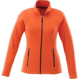 An orange women's polyfleece jacket with a zip front and side pockets, featuring a logo on the chest.