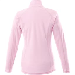 A pink women's polar fleece jacket featuring a high collar and long sleeves, with a logo on the back.