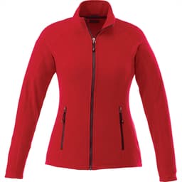 A red women's polyfleece jacket featuring a zip front and two side pockets, with a logo on the chest.