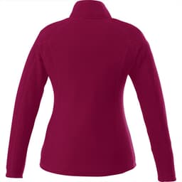 A women's polar fleece jacket in a rich burgundy colour, featuring a high collar and fitted design, with a logo on the back.