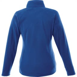 A women's polar fleece jacket in a vibrant blue, featuring a high collar and long sleeves, with a logo on the back.